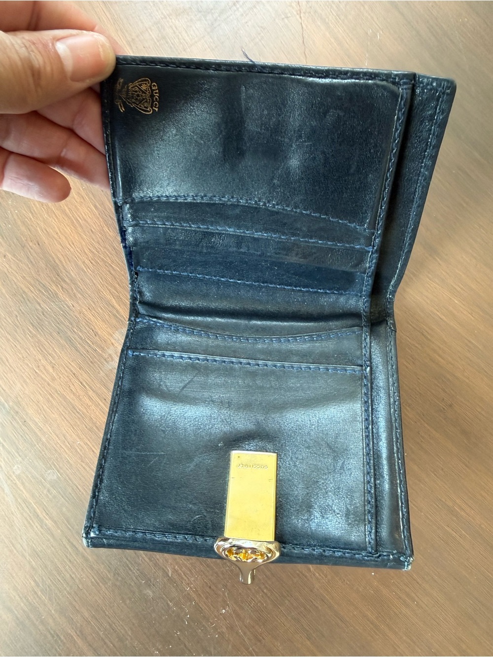 Gucci GG Monogram bifold wallet featuring navy blue leather (1980’s) - Picture 3 of 3